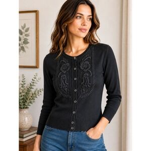Anthropologie Tabitha Black Embroidered Cardigan Sweater Small Floral Cotton